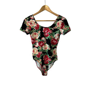 NWOT FOREVER 21 Black Floral Print Scoop Neck Low Back Short Sleeve Body Suit S